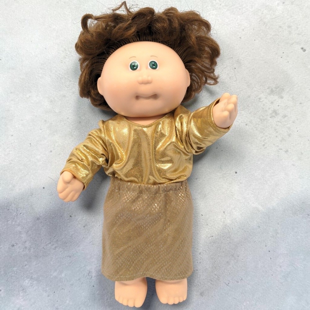VTG 80's Cabbage Patch Kids Vinyl Doll Girl Brown Hair Green Eye Gold Outfit CPK